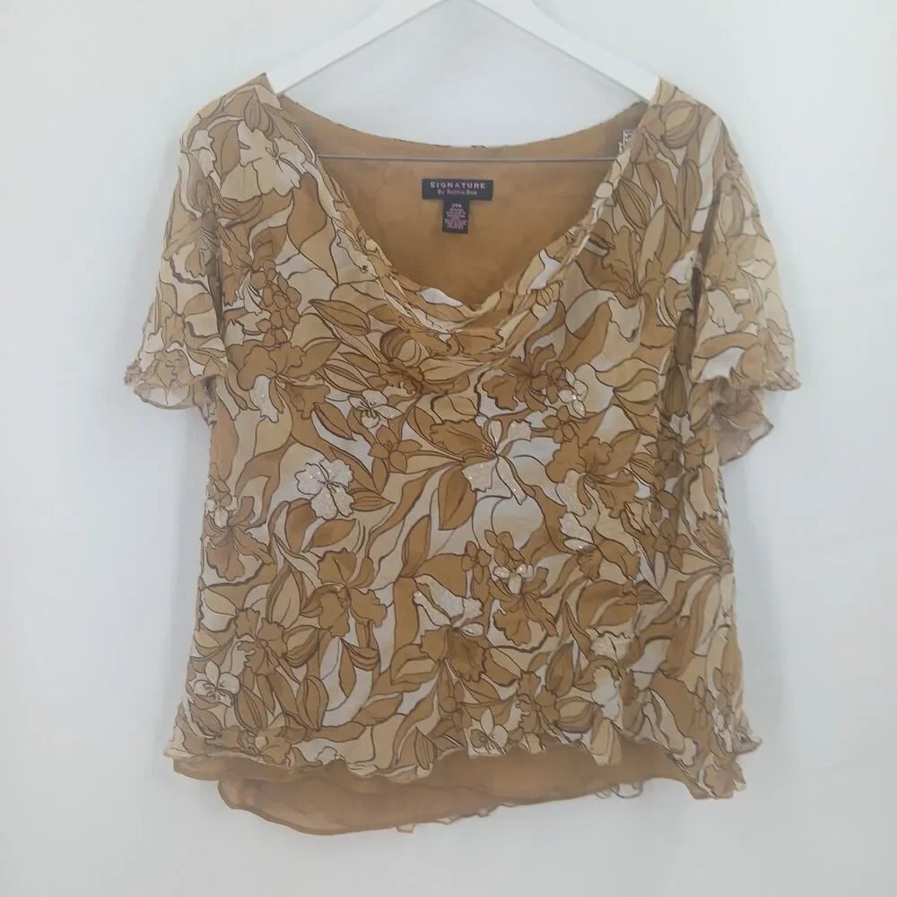 womans signature by robbie bee plus size 24W brown sheer overlay shirt blouse